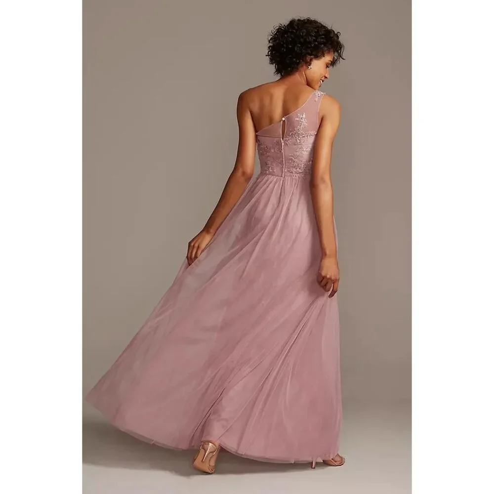 Davids Bridal Lavender One-Shoulder Embroidered Prom Bridesmaid Dress Gown - Picture 10 of 16